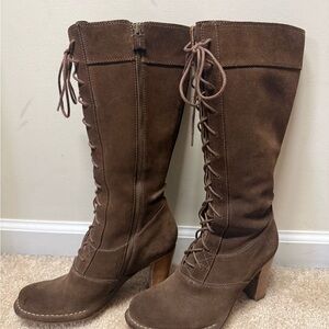 VINTAGE FRYE VILLAGER BOOTS - Brown Suede Lace-Up Mid-Calf Heeled Boots